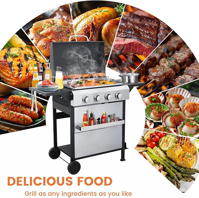 4-Burner Propane Gas BBQ Grill, SS Plancha, 49200BTU Stainless Steel Barbecue Grill With Wire Enamel Cooking Grids Foldable Side Table for Outdoor Camping(Style8: 4-Burner with SS Plancha)