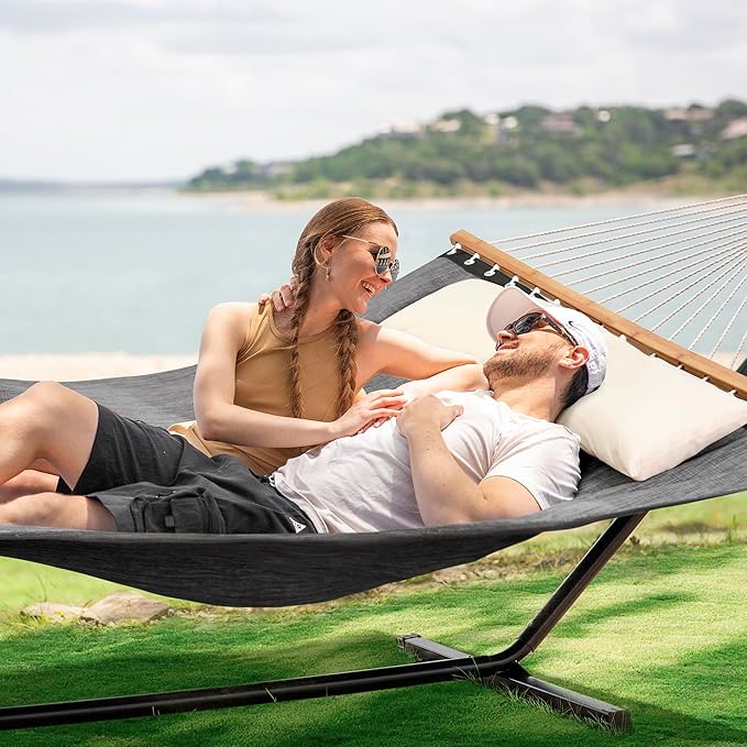 SUNCREAT Hammocks for Outside with Stand, Extra Large Double Hammocks 2 Person Heavy Duty, 450 lbs Capacity, Dark Gray