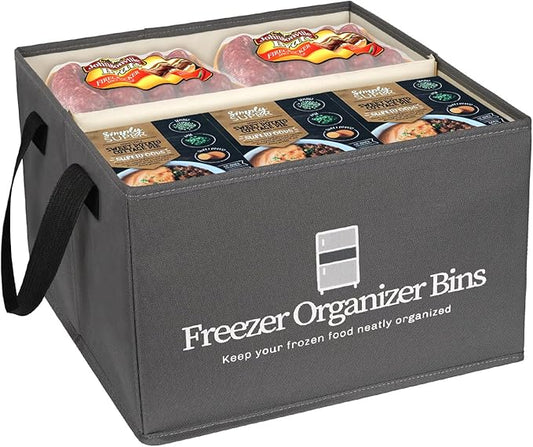 Freezer Organizer Bins, Collapsible Deep Freezer Organizer Bins for 15"x14"x9", freezer Storage Bins with Removable Dividers, Handles (Dark Grey, 1 Pack)