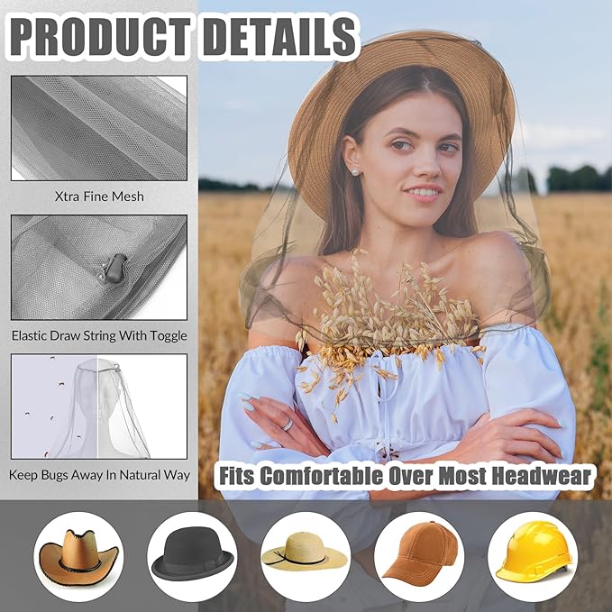 HESTYA 4 Pack Mosquito Head Net Face Mesh Protecting Net for Outdoor Hiking Camping Climbing Mosquito Fly Insects Preventing(Grey)