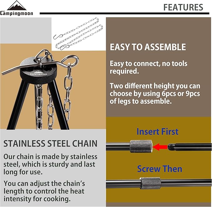 CAMPINGMOON Camping Tripod with Carrying Bag Portable Lightweight Aluminum 31.5-inch Height Stainless Steel Chain