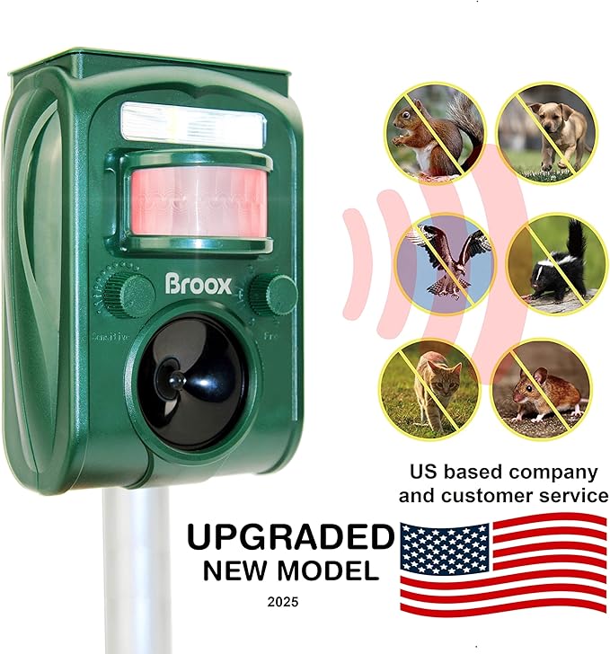 Broox 2025 Upgraded Solar Animal Repellent, Cat Repellent Outdoor, Squirrel Repellent, Deer Repellent, Ultrasonic pest Repeller, Waterproof Motion Detection, Dog, Raccoon, Skunk, Rabbit, Rodent