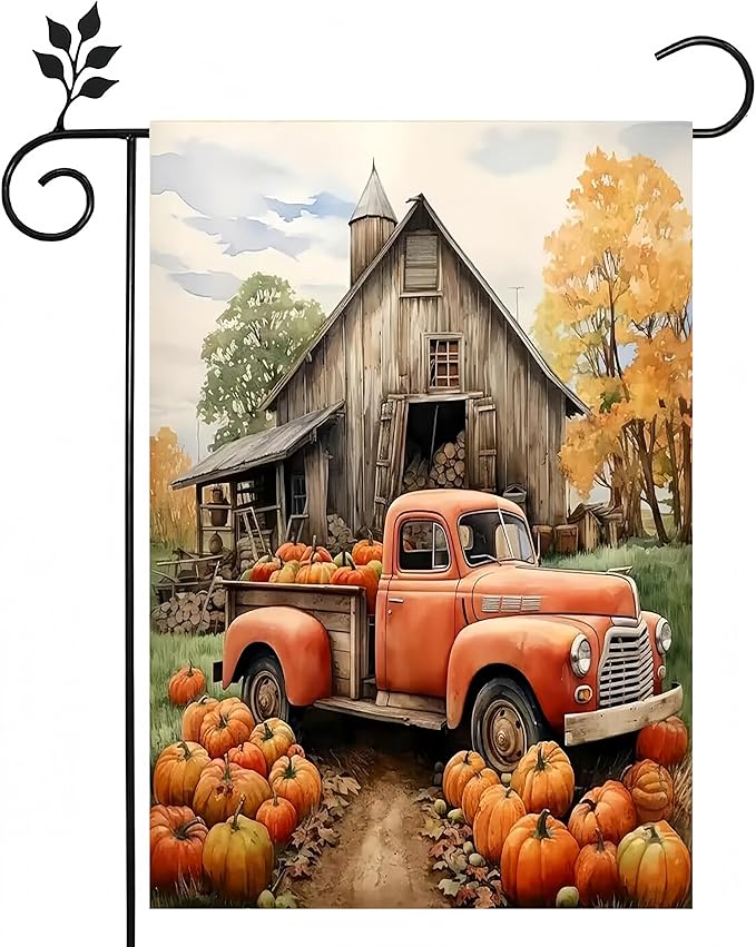 Fall Garden Flags 12x18 Double Sided, Truck Pumpkin Yard Flags for Outside, Small Yard Flags Decorations for Home Outdoor Decorations