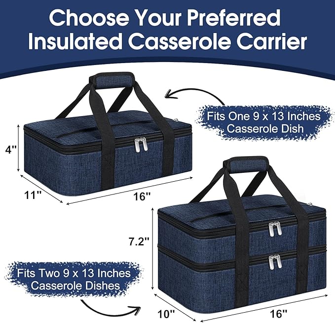 Insulated Casserole Carrier, Portable Casserole Carrier for Hot or Cold Food Lunch Tote Warmer or Cooler Bag, Lasagna Lunch Bag for Potluck Parties- Fits 9" x 13" Baking Dish-Navy blue