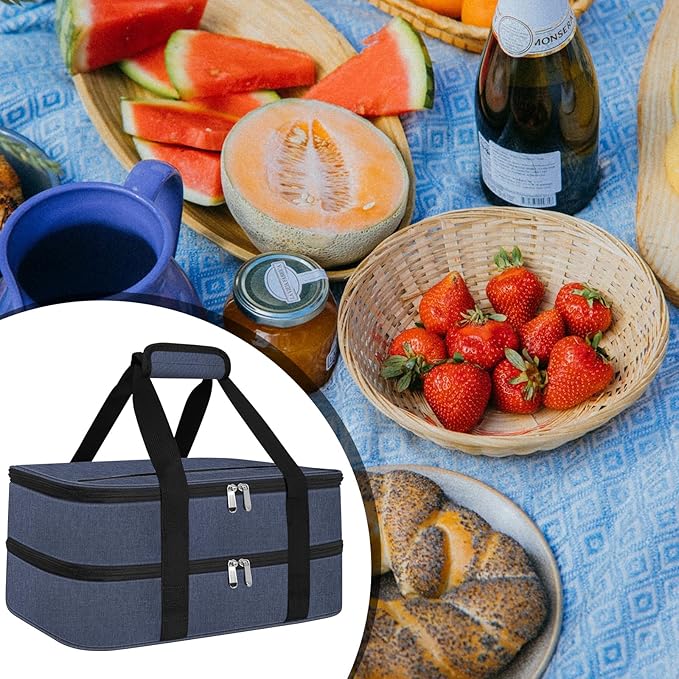 esouler Double Insulated Casserole Carrier Bag Hot & Cold Food Carrier Bag Lasagna Holder Lunch Bag for Picnics, Parties, Travel, Fits 9 x 13 Inches Casserole Dish-Blue