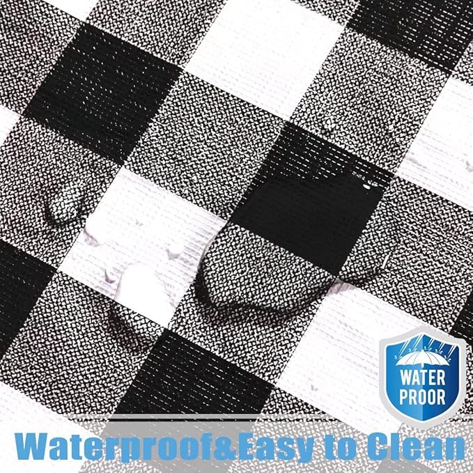 Fitable Vinyl Round Elastic Tablecloth with Flannel Backing - Waterproof Plaid Picnic Table Cover for Indoor Outdoor, Black and White (Fit for 57"-68" Round Tables)