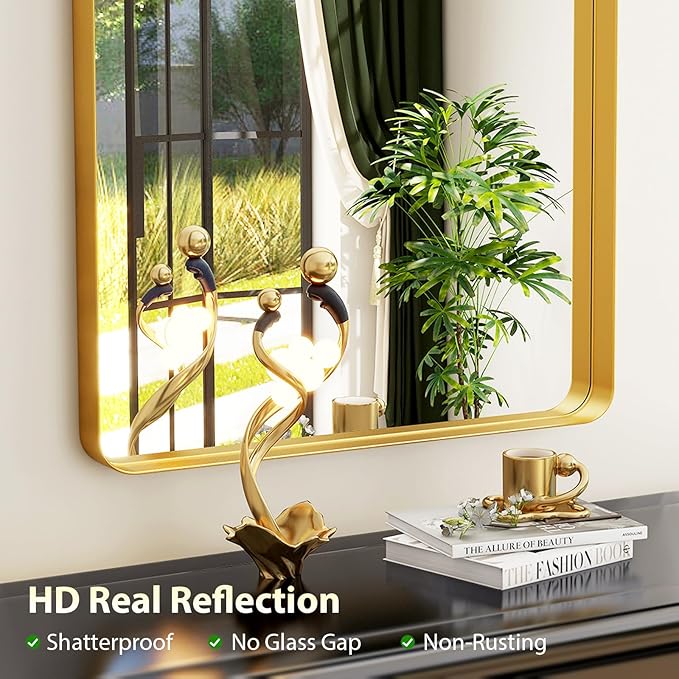71''x30'' Large Arched Full Length Mirror, Floor Standing Stylish Full Body Mirror with Rounded Corners for Home Decor, Aluminum Alloy Frame Hanging Mirror for Wall, Gold