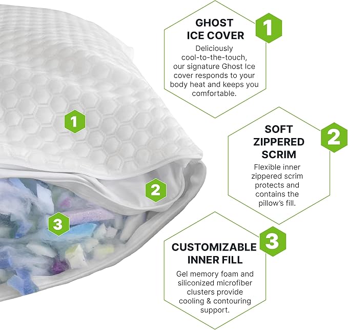 GhostBed Shredded Memory Foam Pillow with Adjustable Gel Memory Foam and Cooling Breathable Cover - Standard Size Shredded Memory Foam Pillows CertiPUR-US Certified 2-Pack