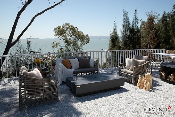 Elementi+ | Cannes Gas Fire Pit Cast Concrete 60" Rectangular Fire Table, Outdoor Fire Pit Electronic Ignition | Canvas Cover, Fire Glass and Burner Lid Included | Dark Gray | Propane Gas