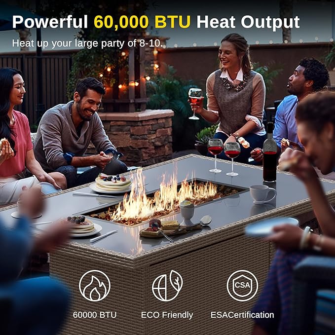 EAST OAK 52'' Propane Fire Pit Table, 60,000 BTU Gas Firepit W/Large Tempered Glass Tabletop, CSA Certified Outdoor Patio Fire Table with 9.2 lbs Glass Stone & Removable Lid, Chocolaty Coffee