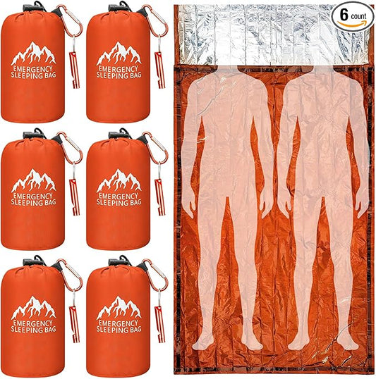 Oudain 6 Pcs XL Emergency Sleeping Bag 94.5" x 49.2" Waterproof Survival Sleeping Bag with Whistle Carabiner Portable Thermal Bivy Sack Emergency Blankets for Camping Hiking Outdoor