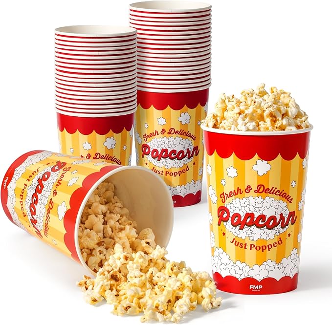 Fit Meal Prep 25 Pack Classic Paper Popcorn Buckets Disposable, 64 Oz Grease Resistant Popcorn Bowls Cups for Machine Home Theater Carnival Movie Night