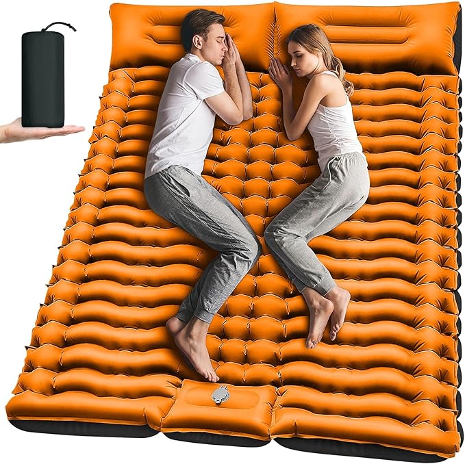 Double Camping Sleeping Pad, Self-Inflating 4" Ultra-Thick Foot-Press Design – Lightweight 2-Person Outdoor Mat with Pillow for Camping, Hiking, Backpacking, Travel – Orange