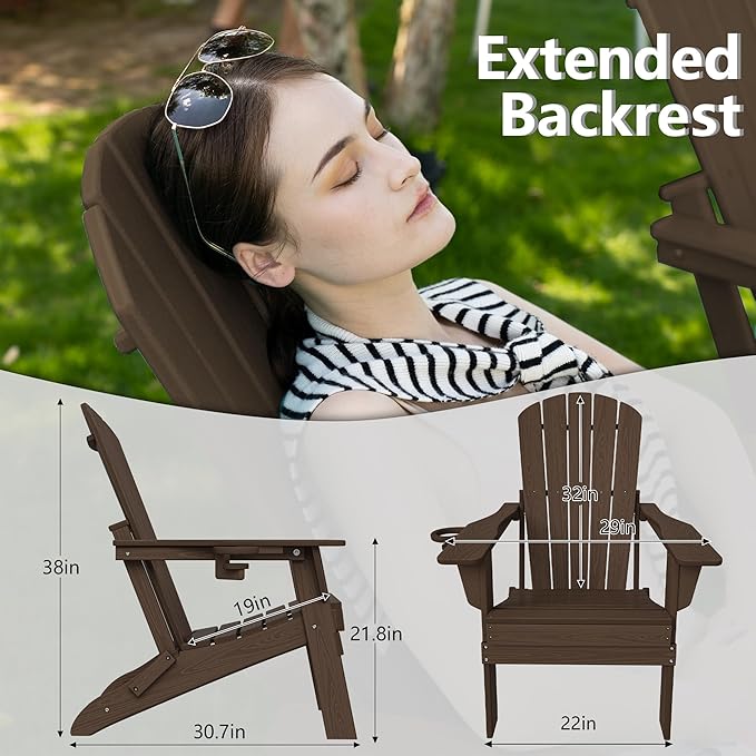 Folding Adirondack Chair Set of 4, Cup Holder，Wooden Textured ，Heavy All-Weather HDPE Comfortable Set Poolside Backyard Lawn Coffee