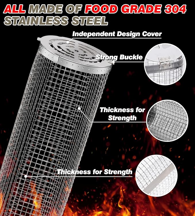 Rolling Grilling Baskets for Outdoor Grill Bbq Net Tube Stainless Steel Lid Large Round Mesh Barbecue Wire Cylinder Cage Picnic Must Haves Tools Food Cooking Basket for Veggies Vegetable Fish Meat