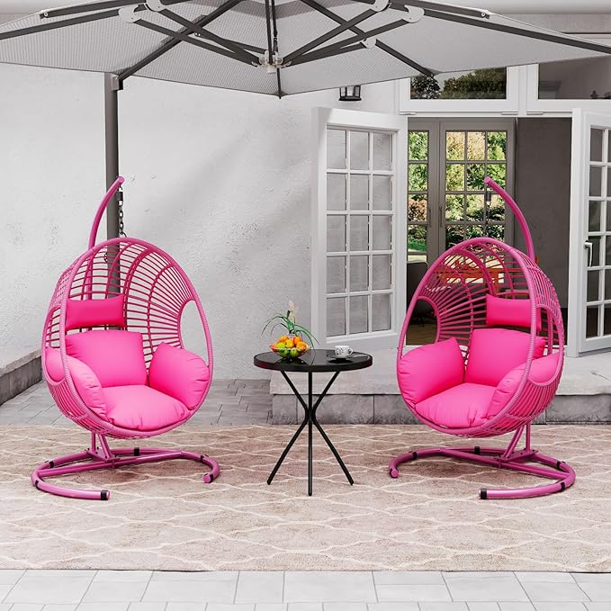 Hanging Egg Chair with Stand - Egg Swing Chair Outdoor Indoor Patio Wicker Chair Swing Hammock Egg Chairs 400lbs Capacity for Outside Patio, Bedroom, Garden and Balcony (Pink, 2P)