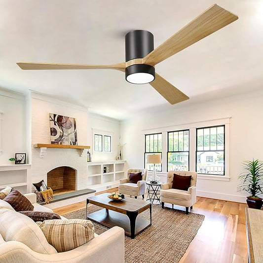 60 Inch Low Profile Ceiling Fan with Light, Ceiling Fans with Lights and Remote, 3 Walnut Solid Wood Blade Dimmable 8H Timer 6-Speed Reversible Motor for Living Room Farmhouse Patio