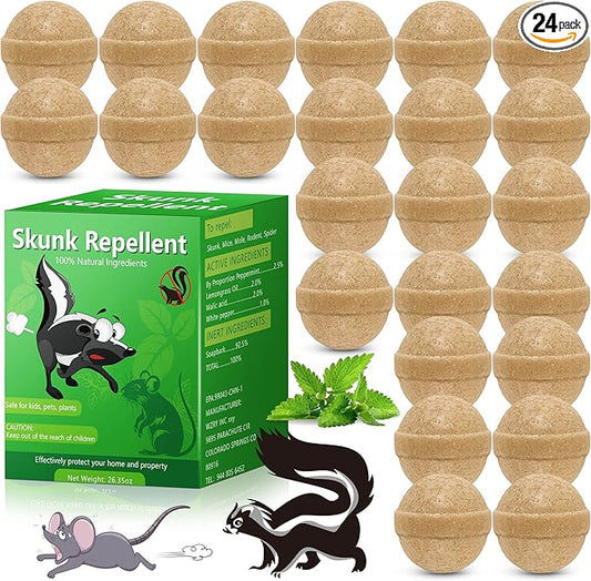 24 Pack Skunk Repellent Outdoor, Natural Peppermint Skunk Repellent Ball Humane Keep Skunk, Squirrel, Mouse, Mole Away from Yard Garden Lawn, Powerful Skunk Deterrent Outdoor