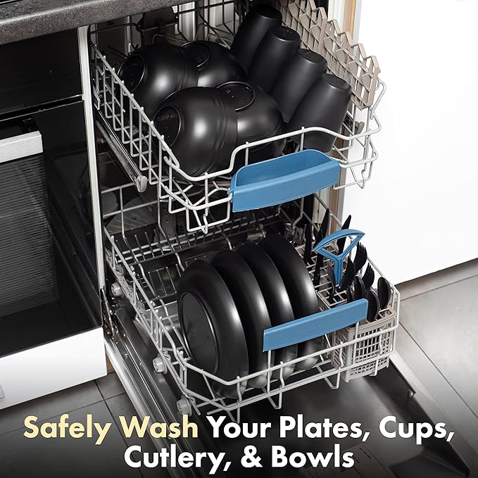 FOODLE Wheat Straw Dinnerware Set - BPA Free & Safety Tested - Microwave & Dishwasher Safe - Alternative to Plastic Dishes - Perfect for Outdoor, RV, Dorm - Camping Plates Cups and Bowls Set - For 4