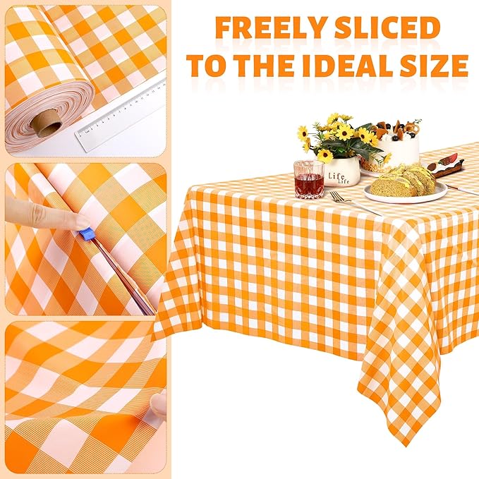 54 Inch x 300 Ft Orange Checkered Plastic Table Cloth Roll Disposable Waterproof Plastic Cover Roll with Easy Slide Cutter for Outdoor Picnic/Home Dining/Fall Thanksgiving Party Decoration