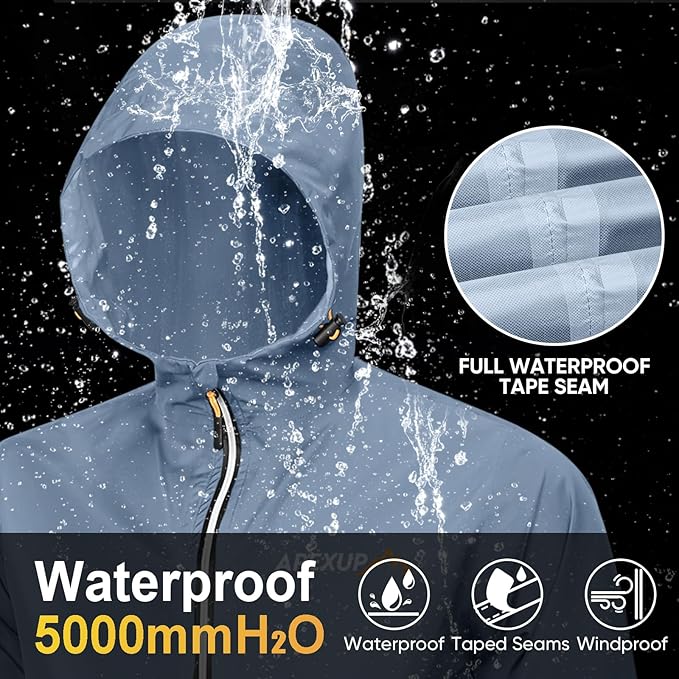 APEXUP Packable Rain Jacket Men with Reflective Zipper, Lightweight Waterproof Raincoat, Mens Rain Jacket for Outdoor Sports