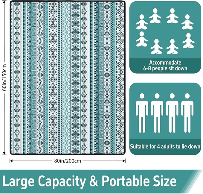 Extra Large Picnic Outdoor Blanket 60''x80'' Teal Blue Tribal Stripes Waterproof and Sandproof Picnic Mat for Beach Foldable Camping Accessories for Grass Lawn Park