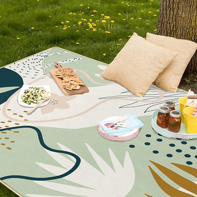 Green Botanical Picnic Blankets Waterproof Foldable, 60″X80″Boho Thick Picnic Mat Outdoor Blanket for Grass, Leaves Beach Blanket Sandproof Picnic Accessories for Camping Party Park Travel