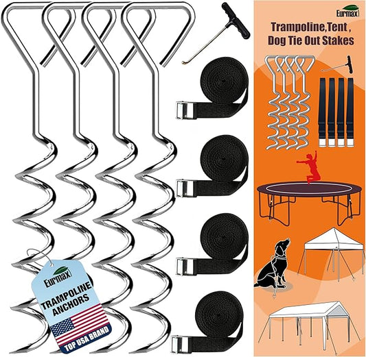 Eurmax USA Trampoline Stakes Heavy Duty Trampoline Parts Corkscrew Shape Steel Stakes Anchor Kit with T Hook for Trampolines -Set of 4 Bonus 4 Strong Belt,Silver