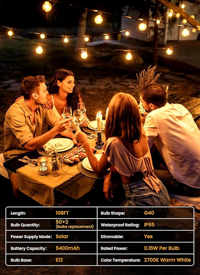 Brightown 108FT Solar String Lights Outdoor with Remote and 52 LED Shatterproof Bulbs, Dimmable & Timable, 3 Light Modes, Solar Patio String Lights Outdoor for Cafe, Garden, Deck, Outside Wedding