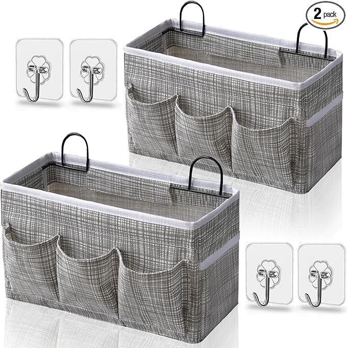 2pcs 3-pockets Large Wall Hanging Organizer Bag, Linen Fabric Door Hanging Storage Baskets with Pockets, Waterproof Bin for Kitchen, Bedroom, Office, RV Camper (Stripe_2pcs)
