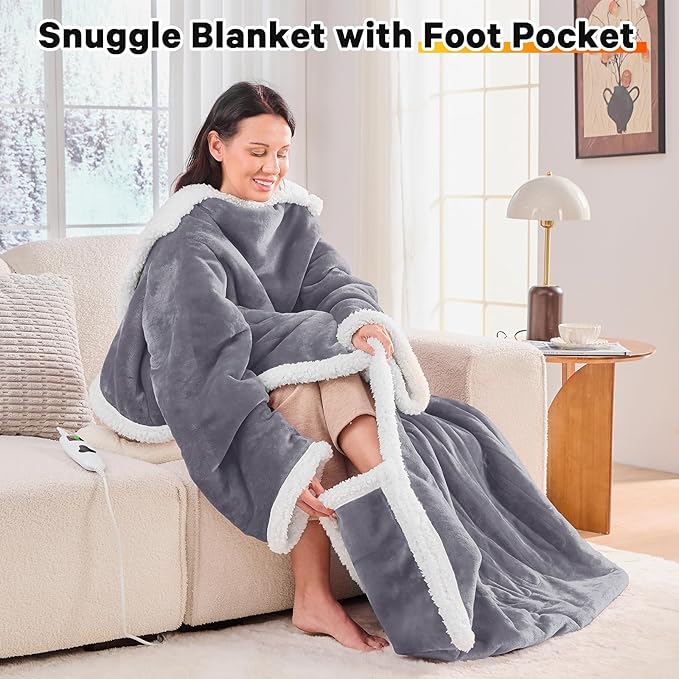 greenoak Wearable Heated Throw Blanke Electric Snuggle - Heated Robe with Foot Pocket for Adult, Winter Gifts for Mom Women 5-Position Timer 10-Heating Levels,50 * 70",Grey