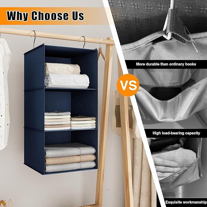 Hanging Closet Organizer - 3-Shelf, Easy Mount Foldable Wardrobe Storage Shelves for Clothes, Handbags, Shoes & Accessories - Washable Oxford Cloth Fabric, Navy Blue