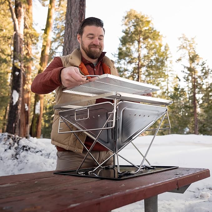 Explorer Bear 20" Stainless Steel Foldable Takibi Fire & Grill with Carrying Bag, Grill Bridge, and Coal Bed | Portable Wood Burning Fire Pit | Perfect for Camping, Outdoors, Patios