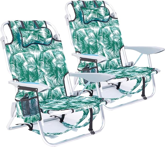 2 Pack Lightweight Portable Camping Beach Chair for Adults, Outdoor Lay Flat Folding Beach Chairs with 4 Positions, Backpack Beach Chair with Towel Bar, Cooler Pouch, Cup Holder, Green Leaves