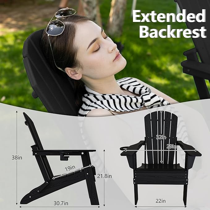 Folding Adirondack Chair, SGS Tested, Wooden Textured with Cup Holder, Heavy All-Weather HDPE Comfortable Set Poolside Backyard Lawn Black