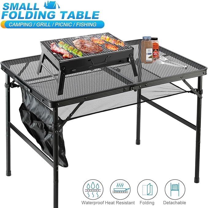 Folding Metal Camping Table with Mesh Layer, Portable & Lightweight Grill Table for Outdoor, 2 Adjustable Heights, Metal Mesh Tabletop for Camping Cooking, Medium Size (2.95 FT, Black)