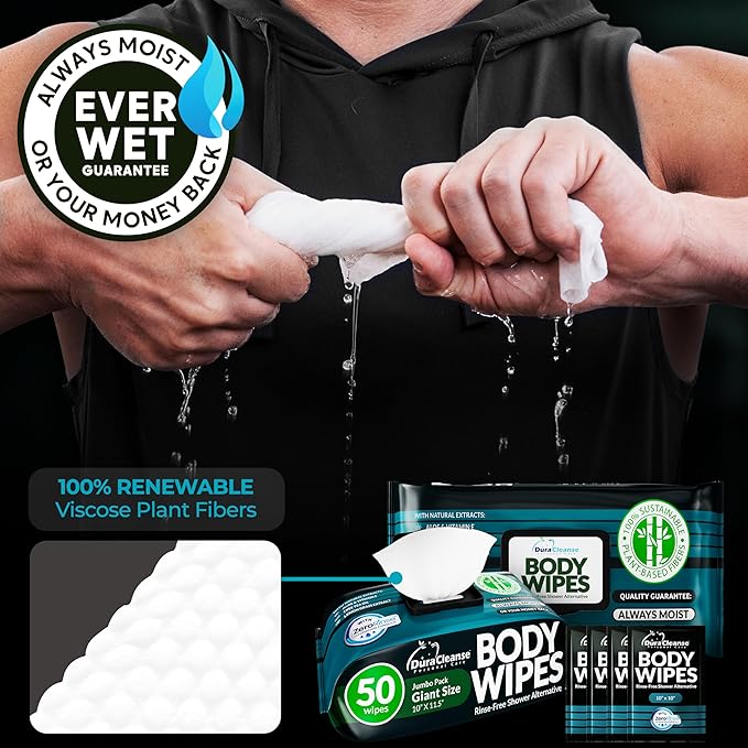 Body Wipes for Men (2pk) - 100 XL No Rinse Shower Sheets + 8 Travel Bath Wipes - 9"x12" After Gym Adult Washcloths - Mens Deodorant & Face Towels For Camping Essentials, Survival Gear and Supplies