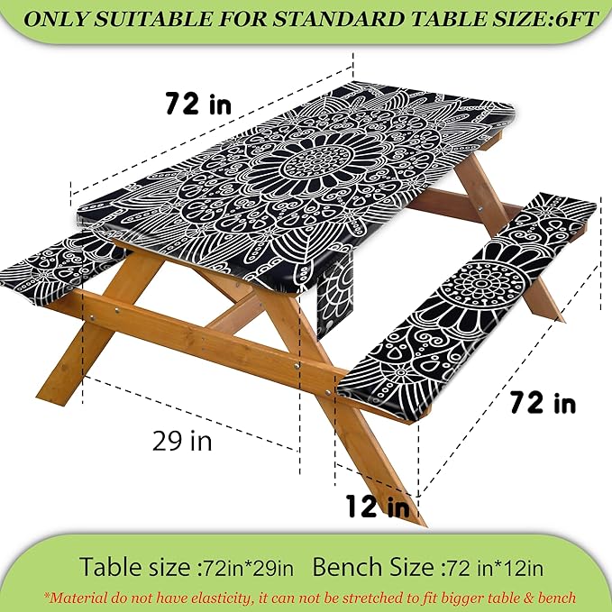 Fitted Picnic Table Cover with Bench Covers Vinyl Waterproof Elastic Edges Fitted Rectangle Tables Patio Tablecloth Camping Gear and Essentials Rv Accessories Road Trip Supplies Car Travel Must Haves
