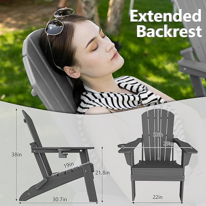 Folding Adirondack Chair, SGS Tested, Wooden Textured with Cup Holder, Heavy All-Weather HDPE Comfortable Set Poolside Backyard Lawn Grey Set 2