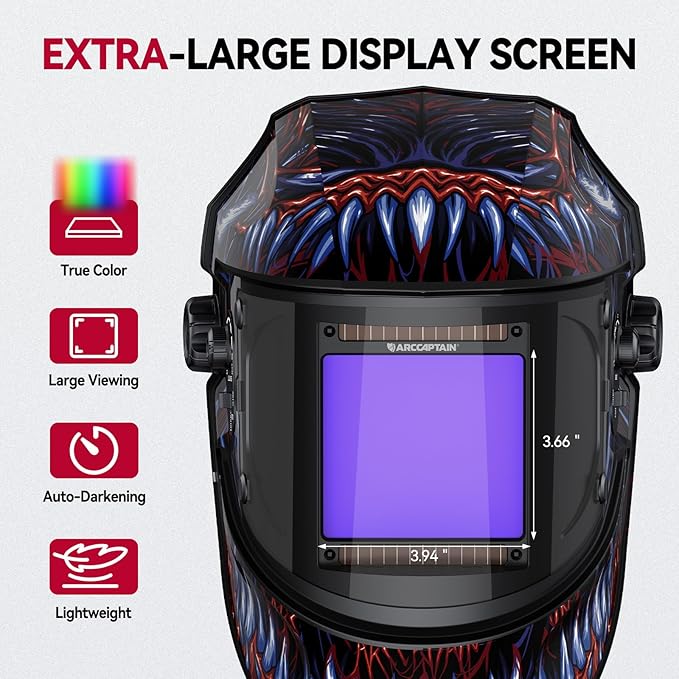 ARCCAPTAIN 3.94"X3.66" Welding Helmet Auto Darkening, 1/1/1/1 Top Optical Clarity Large Viewing Screen Solar Power Welding Hood with 4 Arc Sensor, Wide Shade 4-5/5-9/9-13 for TIG MIG ARC Welding CUT
