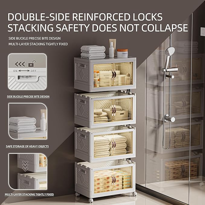 268 QT / 67 Gal White Storage Bins with 1 Lid - Collapsible Stackable Cabinet Organizer w/Wheels & Magnetic Doors, Plastic Storage Box for Office Closet Organization