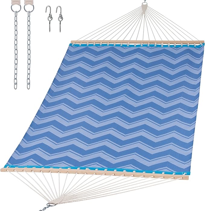SUNCREAT Portable Double Outdoor Hammock, 450lbs Capacity, Quick Dry 2 Person Hammock with Hardwood Spreader Bar, Blue Waves