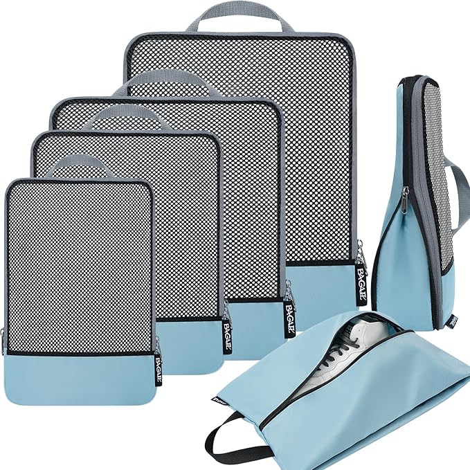 BAGAIL 4 Set/6 Set/8 Set Compression Packing Cubes Travel Accessories Expandable Packing Organizers (Half Mesh, 6-Dusty Blue)