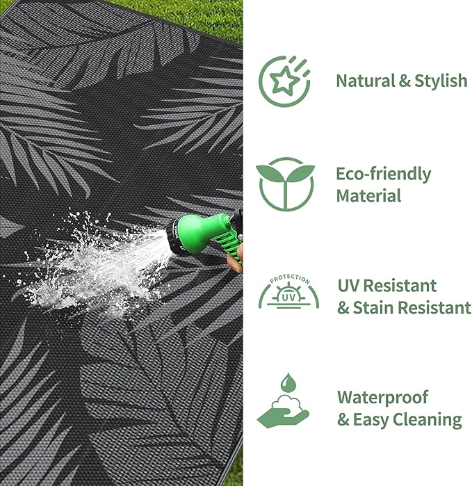 GENIMO Outdoor Rug 2.5' x 8' Waterproof for Patios Clearance, Reversible Outdoor Plastic Straw Camping Rug Carpet, Large Area Rugs Mats for RV, Camper, Deck, Balcony, Porch, Beach, Picnic, Black&Grey