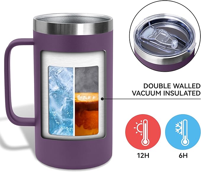 DOMICARE 24oz Mug with Handle and Lid, Stainless Steel Coffee Mug, Reusable Insulated Cup, Travel Mug with Handle, Double Wall Vacuum Coffee Tumbler for Men and Women, Dark Purple, Pack 1