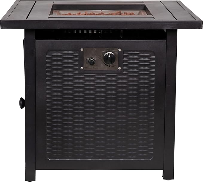 EMMA + OLIVER Calder Fire Table - Black Steel Base - Wicker Detailing - Stainless Steel Top - Removable Lid - Includes Lava Rocks - Hideaway Tank Holder