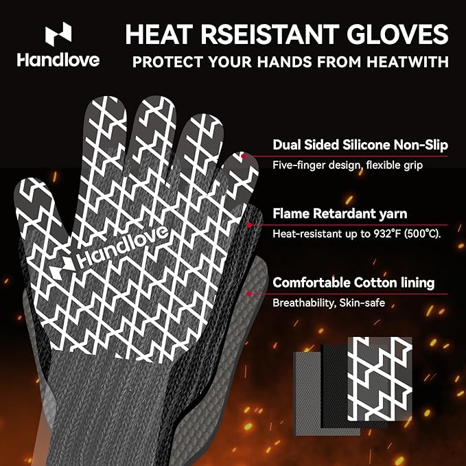 HandLove BBQ Gloves, Oven Gloves with Fingers – Heat Resistant Gloves for Grilling | Silicone Grip, Long Cuff Mitts - Kitchen & Outdoor Barbecue, Cooking, Baking, Black,S