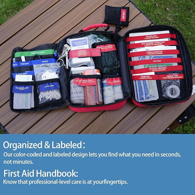 Comprehensive First Aid Kit -Labeled Compartments for Trauma & Emergencies, Compact Emergency Kits for Car, Boats, Camping, Hurricanes and Outdoor Emergencies Survival -265 Piece