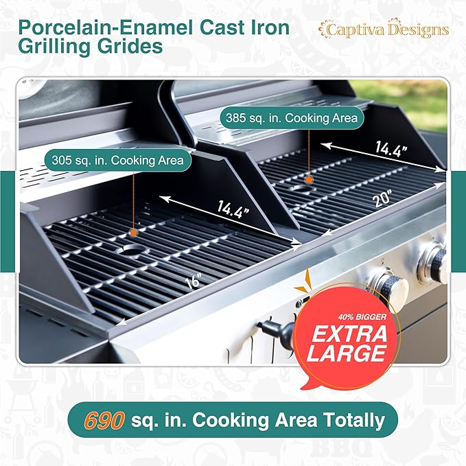 Captiva Designs Propane Gas Grill and Charcoal Grill Combo with Side Burner & Porcelain-Enameled Cast Iron Grate, Dual Fuel BBQ Grill for Outdoor Events & Backyard Barbecue, 690 SQIN Cooking Area