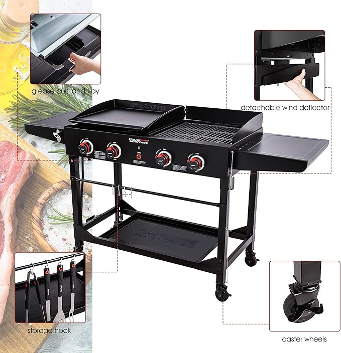 Royal Gourmet GD402 4-Burner Propane Gas Grill and Griddle Combo with Foldable Legs, 48,000 BTUs, Portable Griddle Grill Combo for Outdoor Cooking While Camping or Tailgating, Black